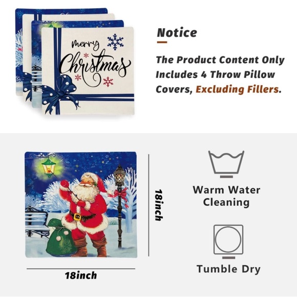 Christmas Throw Linen Pillow Covers 18x18 Inch Set of 4, Winter Merry Christmas - Picture 6 of 8